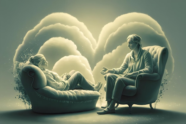 A soothing and thoughtprovoking mental health illustration featuring a compassionate therapist seat