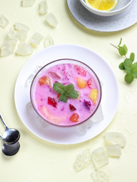 Sop Buah or Es Buah is Mixed Fruit with Coconut or Simple Syrup, Served with Shaved Ice