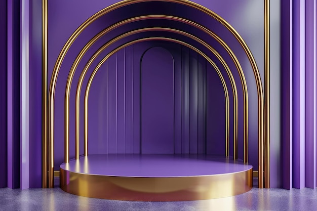 Sophisticated 3D Display Podium in Purple and Gold with Highlighted Arch