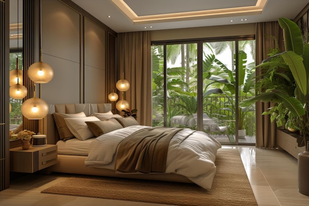 A sophisticated atmosphere fills the luxurious modern bedroom featuring a spacious bed adorned with multiple lights