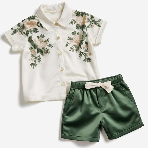 Sophisticated Bebe Kids Outfit OffWhite Blouse Set with Intricate Embroidery and Floral Shorts