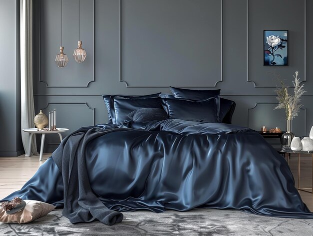 Sophisticated bedroom with navy blue accents