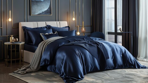 Sophisticated bedroom with navy blue accents