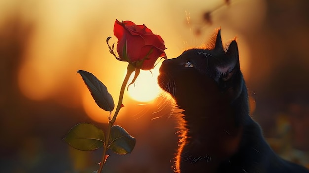 Sophisticated Black Cat Holding Romantic Rose in Sunset Ambiance