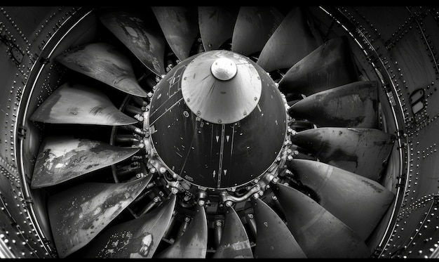 Photo sophisticated black and white image of a modern aircraft jet engine highlighting precision and power