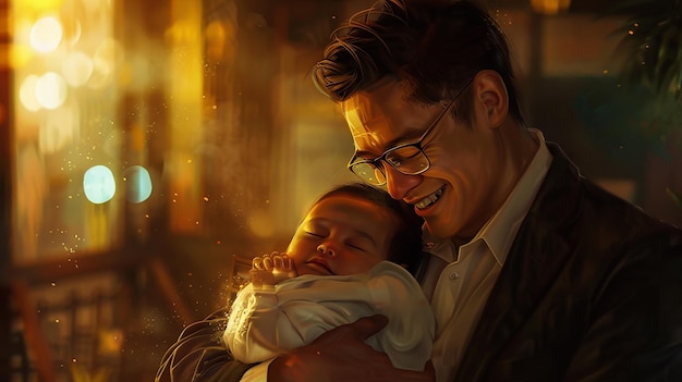 Sophisticated Dad in Glasses and Blazer Cradling His Child