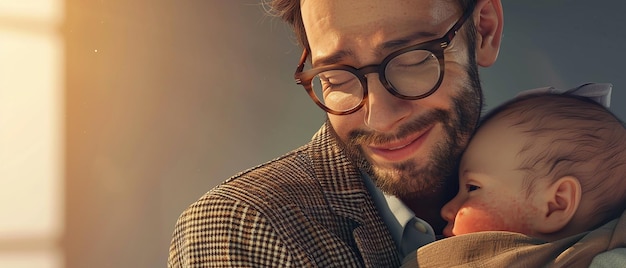 Sophisticated Dad in Glasses and Blazer Cradling His Child