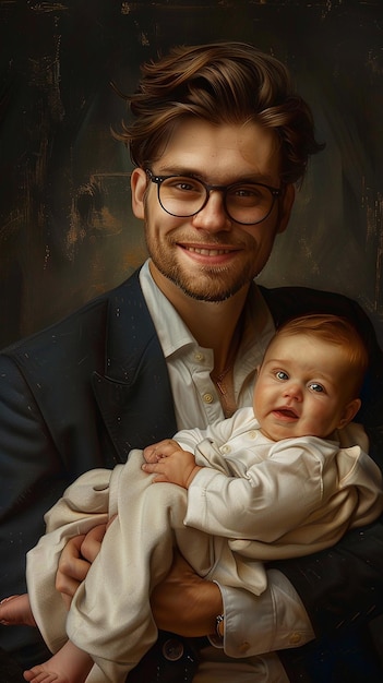 Sophisticated Dad in Glasses and Blazer Cradling His Child