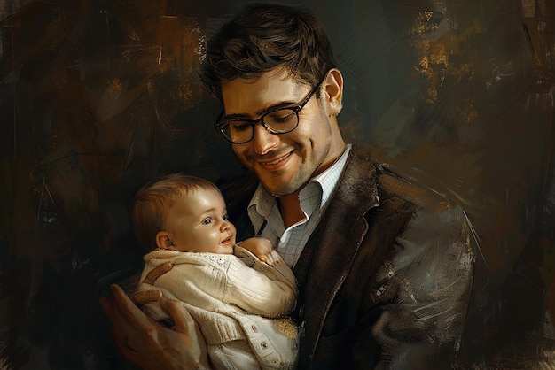 Sophisticated Dad in Glasses and Blazer Cradling His Child