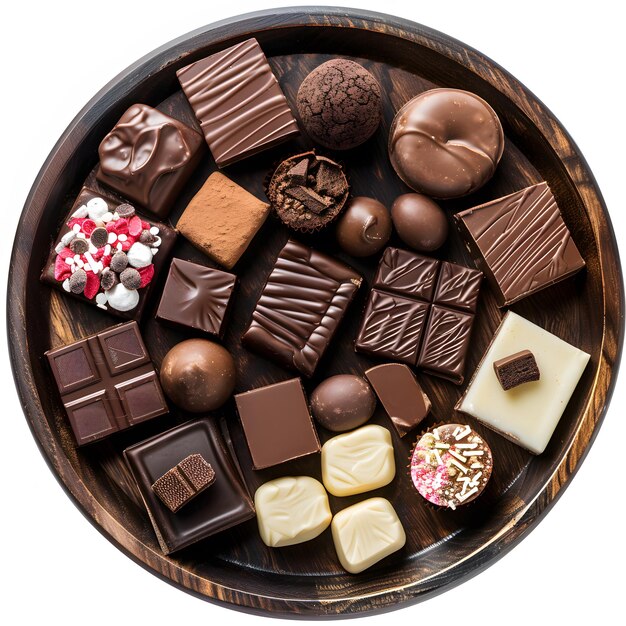 Photo sophisticated dessert tray featuring an assortment of dark chocolate treats isolated on white