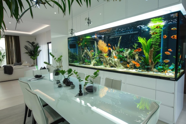 Photo sophisticated dining area large aquarium and natural light highlighting decor