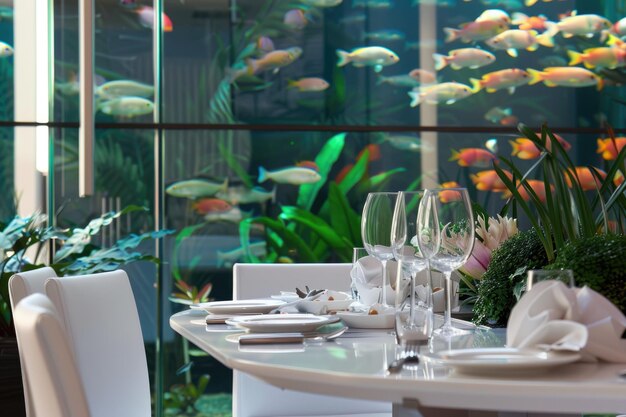 Photo sophisticated dining area large aquarium and natural light highlighting decor