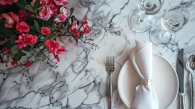 Sophisticated dining table with a marble surface silver cutlery and a chic arrangement of seasonal flowers and elegant napkins