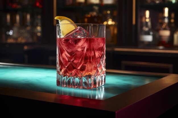 Sophisticated drink in crystal clear glass ruby tones citrus skillful bartender generative IA