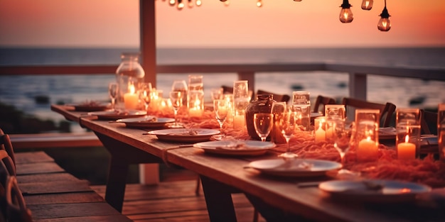 A sophisticated elegant outdoor dining setup for a charming atmospheric summer soiree by the ocean