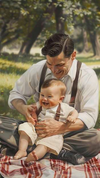 Sophisticated Father in Suspenders Tickling His Happy Baby