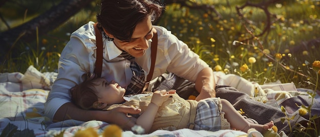 Sophisticated Father in Suspenders Tickling His Happy Baby