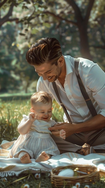 Sophisticated Father in Suspenders Tickling His Happy Baby