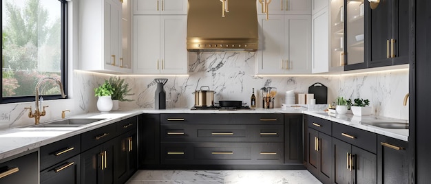 sophisticated kitchen design with contemporary twist featuring black and white cabinets golden fixtures and marble backsplash