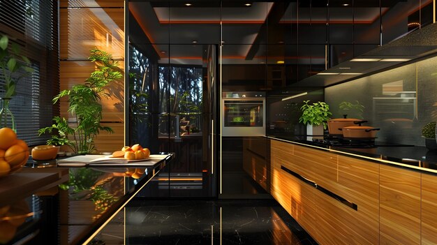 Photo sophisticated and luminous kitchen interiors with rustic wood accents and lush greenery