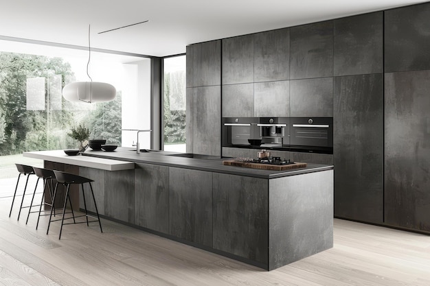 A Sophisticated Modern Kitchen with Handleless Cabinets and a Functional Minimalist Island