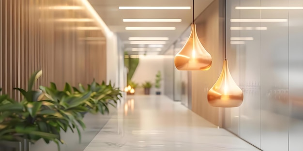 Photo sophisticated and naturally lit modern office hallway with plants concept modern office sophisticated design natural lighting plants hallway