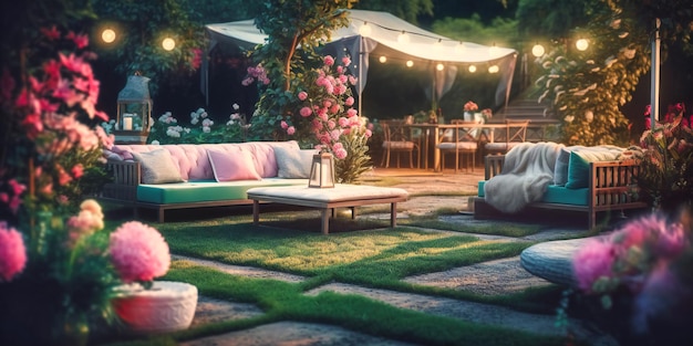 A sophisticated and opulent outdoor lounge area with ambient charm and vibrant blossoming flowers