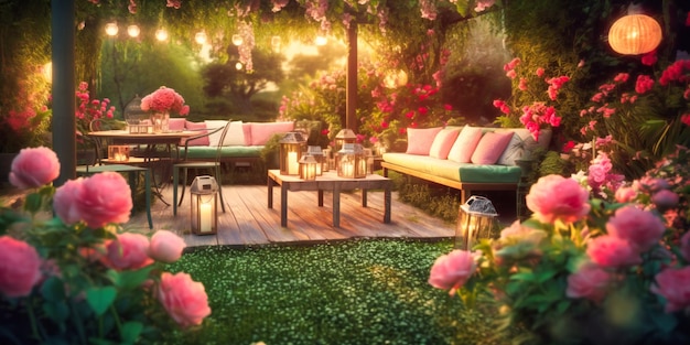 A sophisticated and opulent outdoor lounge area with ambient charm and vibrant blossoming flowers