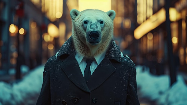 Sophisticated polar bear navigates city streets in tailored splendor epitomizing street style