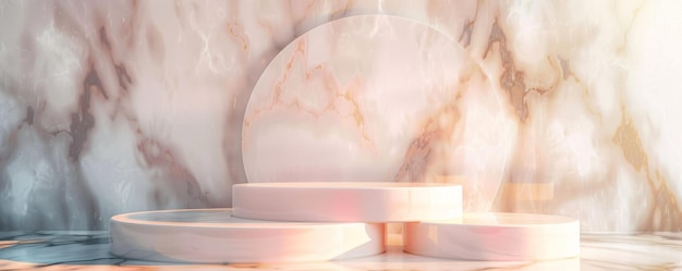 Sophisticated pop art podium on luxurious marble background with round shapes