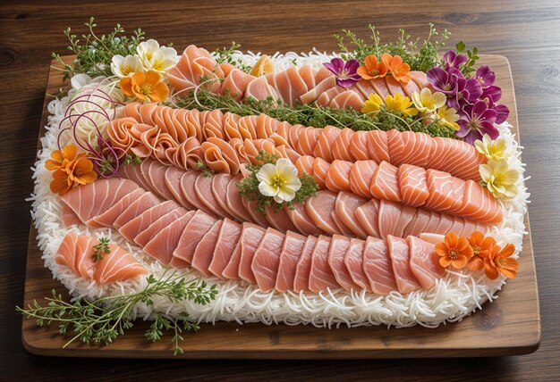 Photo sophisticated sashimi presentation with shredded daikon and edible flowers