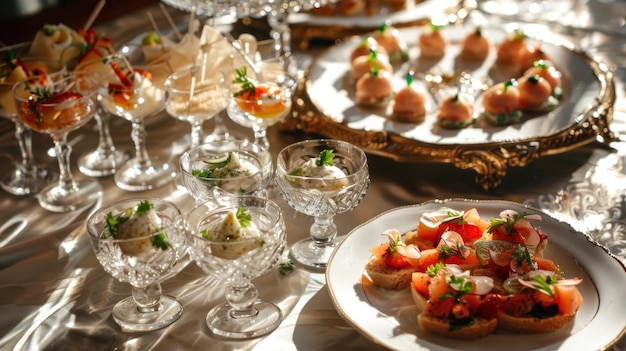 Sophisticated Soiree Elegant Finger Foods with Light Shadows Dancing on Exquisite Glassware