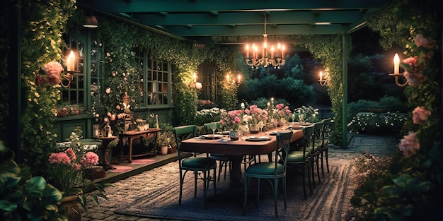 A sophisticated and stylish outdoor dining area in a lush enchanting garden setting for summer entertaining