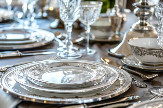 Photo a sophisticated table setting featuring elegant silver dishes and meticulously arranged silverware elegant dishes and silverware arranged meticulously