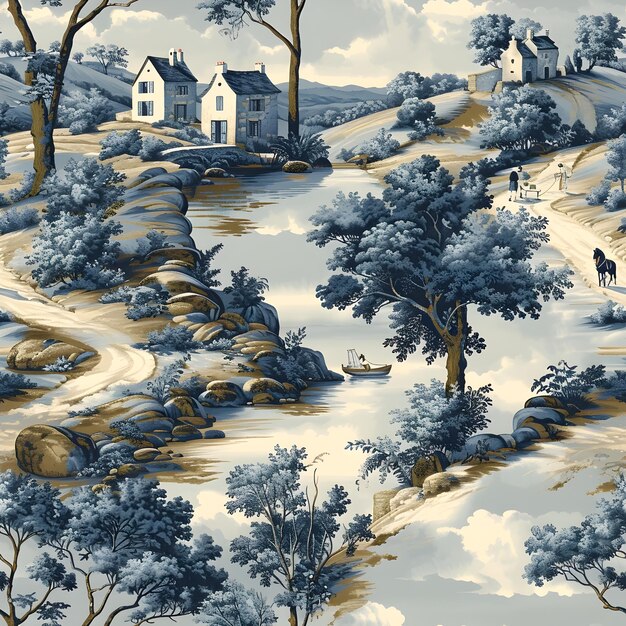 Sophisticated Toile de Jouy Wallpaper Featuring the Idyllic French Countryside