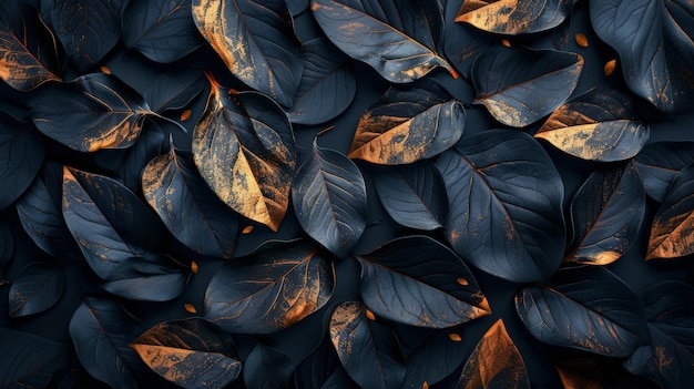 Sophisticated wallpaper with black leaves and golden veins in a dark aesthetic