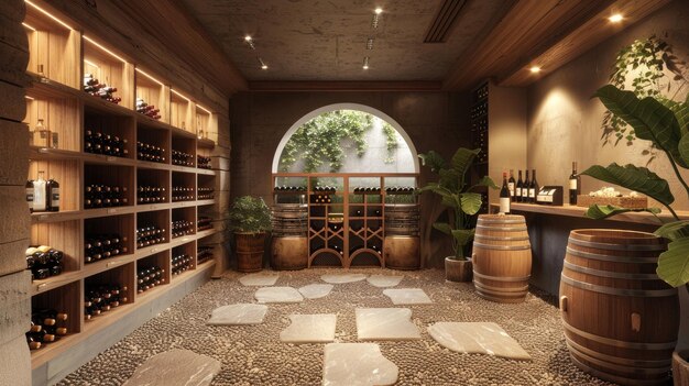 Photo sophisticated wine cellar with wooden racks and stone flooring