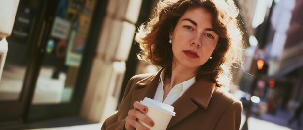 Photo a sophisticated woman in a brown coat with a coffee cup walking through a sunlit urban street