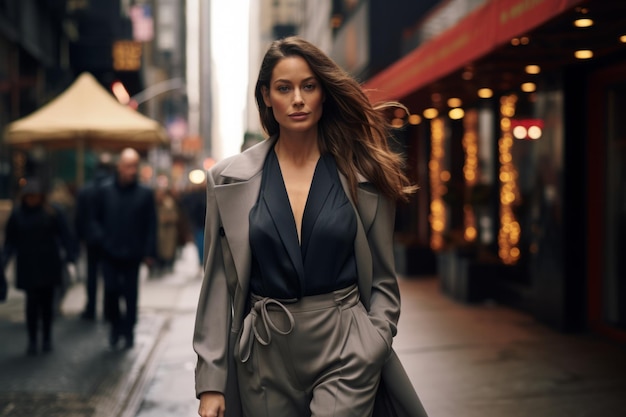 A sophisticated woman in a layered duster coat over a slimfit jumpsuit