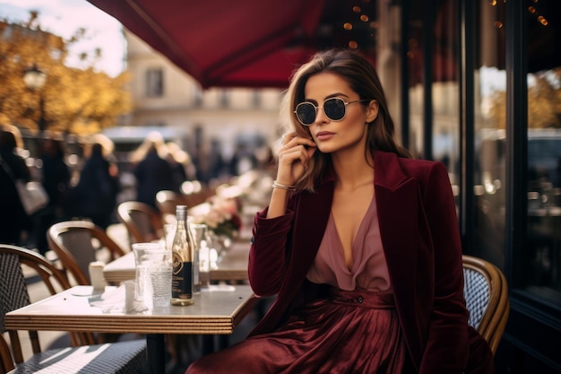 Photo a sophisticated woman in a rich burgundy velvet skirt sipping coffee at a quaint outdoor cafe