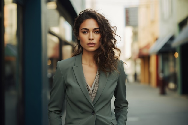 A sophisticated woman in a sage green suit with a lacetrimmed camisole