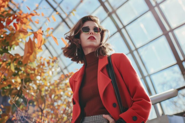 Photo a sophisticated woman in a striking red coat and sunglasses looks confident and stylish against a backdrop of autumnal glassenclosed space