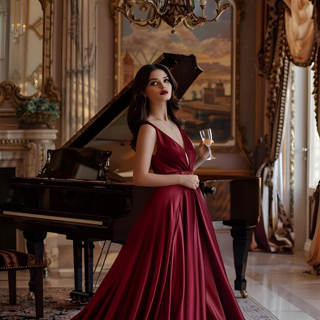 Photo a sophisticated woman in a stunning red dress holds a glass posing by a grand pianojpeg