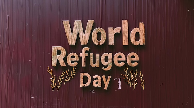 Sophisticated World Refugee Day in elegant serif font on a deep burgundy background adding gravity