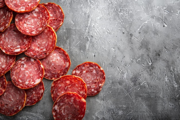 Soppressata slices on a grey background