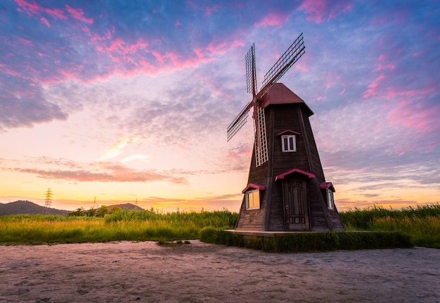 Sorae ecology wetland park, Beautiful sunset and traditional windmills, incheon South Korea