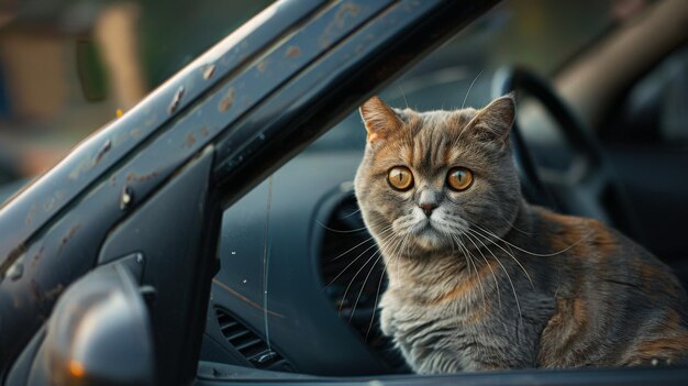 A sorrowful Scottish Fold cat sits on the passenger seat of a car with a closed window staring out