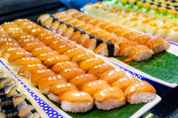 Sorted of variety sushi with salmon fish shrimp egg with rice on tray