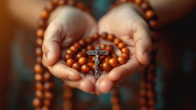 Soulful prayer a man in quiet devotion hands clasped around a rosary cross seeking solace and spiritual connection capturing the essence of serene contemplation faith and religious devotion