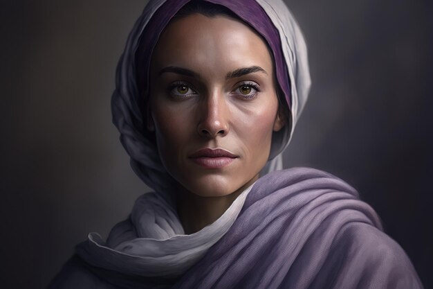 Soulful and Serene Portrait of a Woman with a White Headscarf and a Purple Tunic